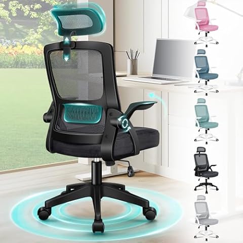 ALFORDSON Ergonomiczne krzesło biurowe, krzesło komputerowe z dynamicznym podparciem lędźwiowym, odchylane krzesło obrotowe ze składanym podłokietnikiem, czarne