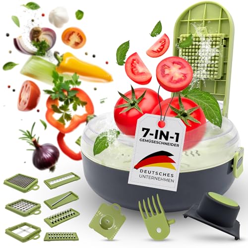 7-in-1 Gemüseschneider, Gemüse Schneider Gurkenhobel Zwiebelschneider Kartoffelschneider Obstschneider - Reibe für Gemüse und Käse, Multifunktionale Küchenmaschine mit Zubehör, Grün/Schwarz