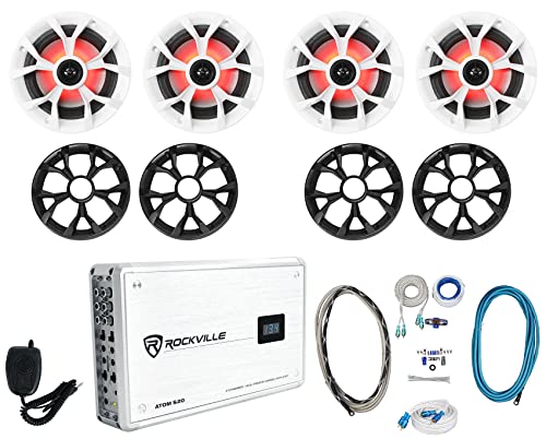 Rockville RKL65MBW Bundle: (4) 6.5 in 700W Peak-170W RMS Marine Speakers with LED and Black-White Grilles, Atom S20 4-Channel 1600W Bluetooth Amplifier, RMWK4 Amp Kit, MRCA25 RCA Cable, 7-Items