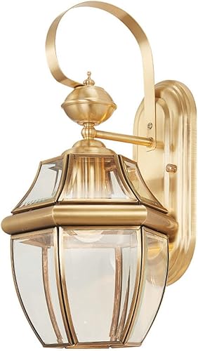 Qufute Lámpara de pared de latón para exteriores, farol exterior, porche, luces de pared doradas con linternas impermeables, pantalla de cristal,