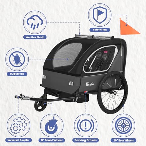 Image of Sepnine Kids Bike Trailer, 2 in1 Canopy Carrier Converts to Pushcart Suitable for 1 to 2 Toddlers, Kids, Quick Attach to Bike, Foldable, with 5-Point Harness and Storage Bags