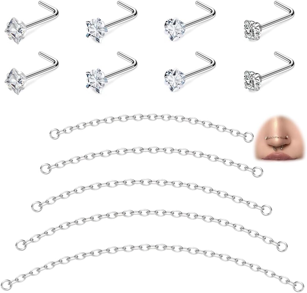 Hoeudjo Nose Chain Piercing Across Nose Ring Chain Surgical Steel Nose Studs L Shaped Nose Rings for Women 20g 18g Nose Piercing jewelry Length of Chain 32/35/40/45/50mm