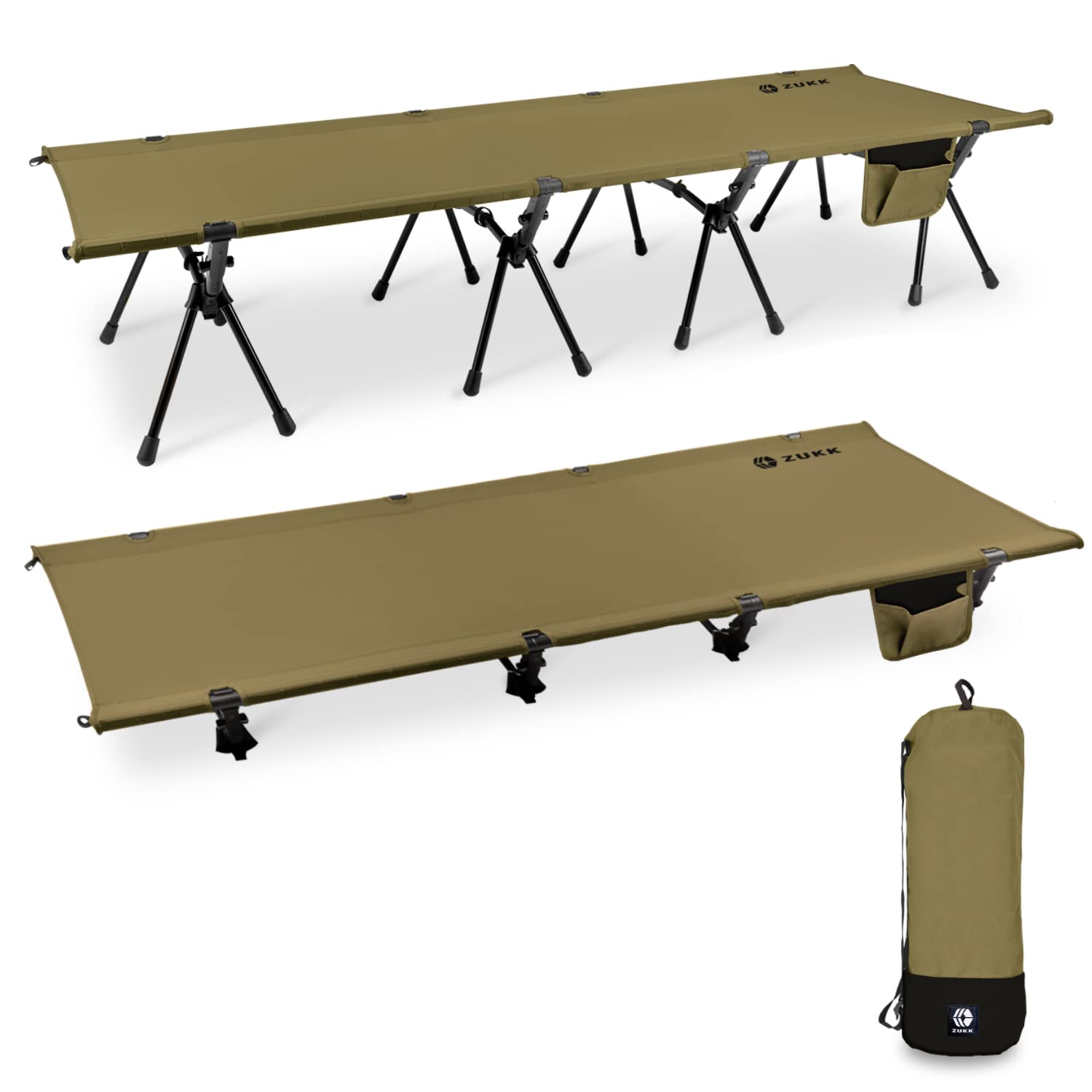 ZUKK 2-Way Cot, Load Capacity 440.9 lbs (200 kg), Camping Bed, Heavy Duty, Foldable, High/Low Switchable (Moon Olive x Black)