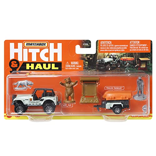 Matchbox Hitch & Haul Die-Cast Vehicle Playset - Boating Bear Adventure ~ 6 Piece Set ~ Car Cj7 ~ Includes Trailer Trawler With Boat, Hiker, Bear, Wolf And Trailhead Sign #TOP6