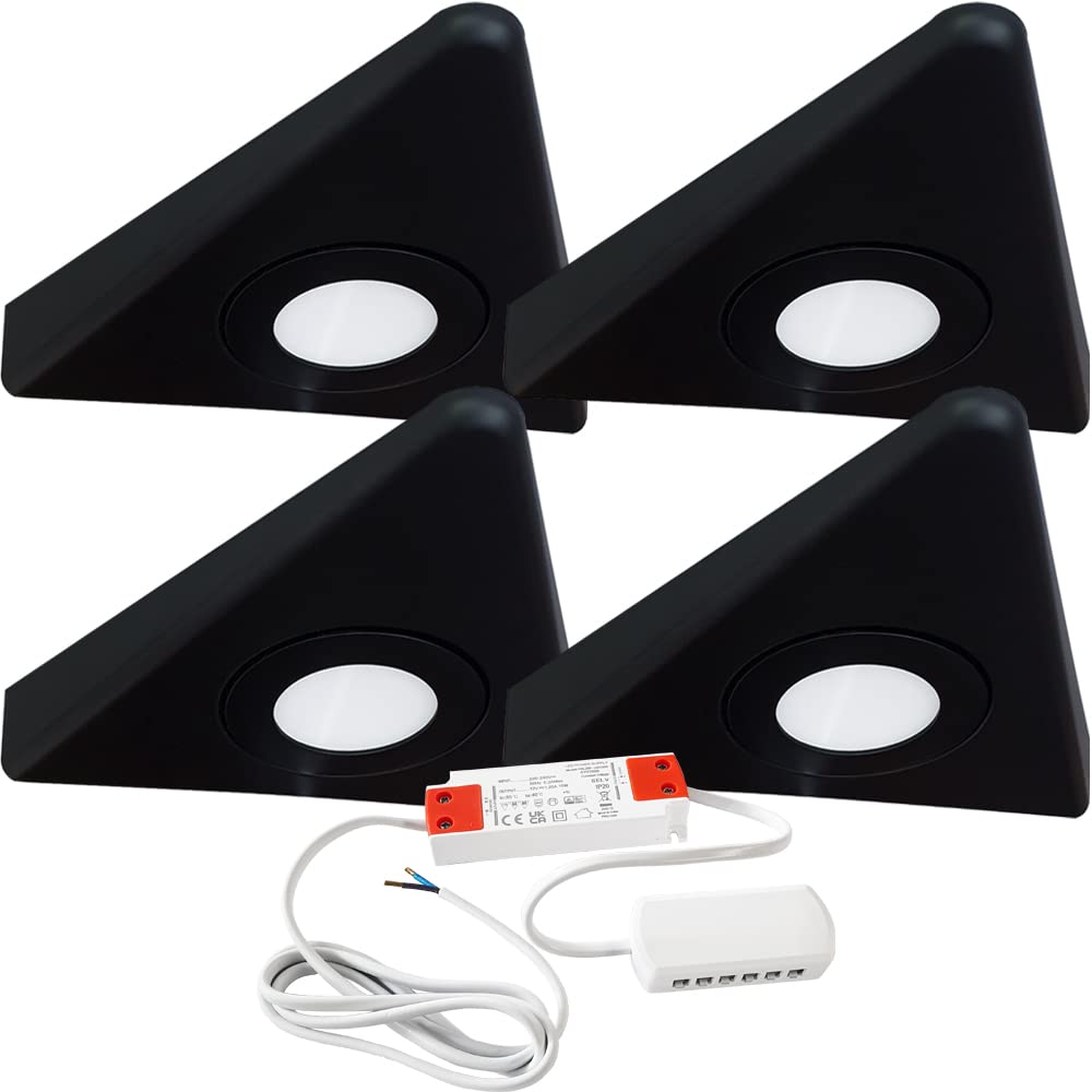 Loops Matt Black Bezel Modern Triangle Under Cabinet Kitchen Light & Driver Kit – Smooth Diffused Led – Slim Pyramid Worktop Light – Low Profile Surface Mounted (4X Light & Driver, Natural White Led, )