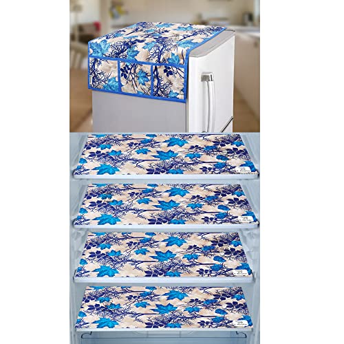 Image of Combo Set of 1 Pc Fridge Top Cover With 6 Utility Pockets and 4 Pc Fridge Mats (Blue, Set of 5)