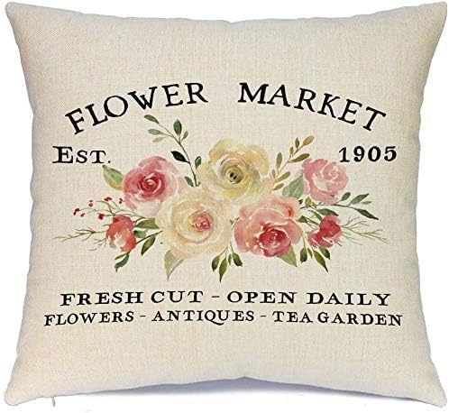 Ueerdand Spring Pillow Covers 16x16 Set of 4 Spring Decorations Set of 4 Bloom Flower Market Pillow Cases Hello Spring Bicycle Cotton Linen Throw Cushion Covers