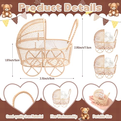 Image of Threehoney 12 Pcs Baby Shower Mini Carriage Decoration Brown Bear Color Metal Wired Fillable Candy Stroller Baby Shower Table Centerpiece for Guest Gender Reveal Wedding Party Favor Gift
