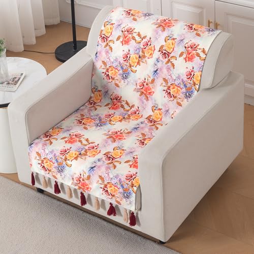 Image of HOKIPO Sofa Cover with Tassel for 1 Seater Sofa | Full Protection for Seat and Back | Printed Holland Velvet Fabric | 'Whispers of Nature' (160x60 cm), Vintage Rose Bloom (IN-1125-D12)