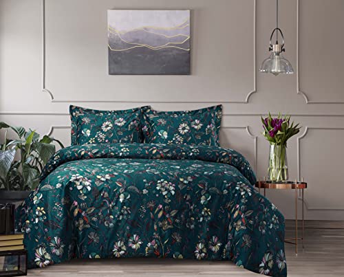 Tribeca Living Parure de lit 3 pièces en Velours à imprimé Floral, Douce au Toucher, surdimensionnée, Comprenant Une Housse de Couette et des taies d'oreiller, Vert Sapin Amara Cover