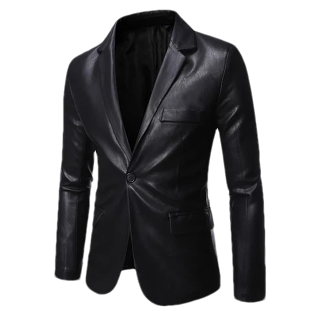 Hdhdeueh Male Single Breasted Slim Leather Jacket Turn-Down Collar Solid Faux Leather Outwears