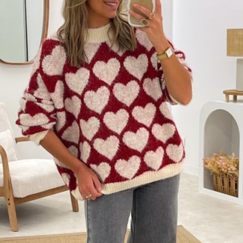 Image of Women's Valentine Love Print Heart Fun Sweater Casual Crewneck Long Sleeve Knit Sweatshirts Pullover Tops