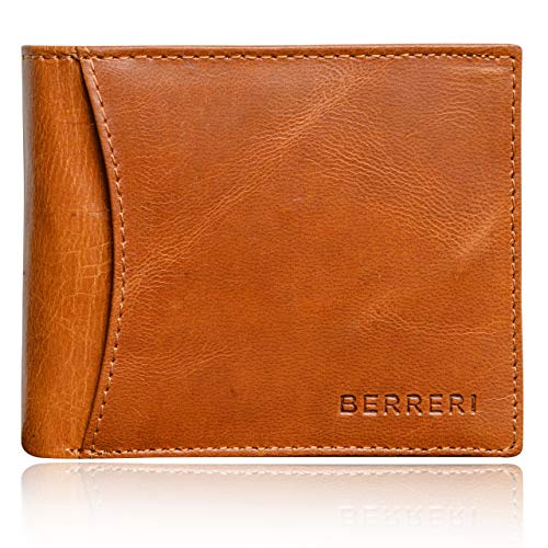 Mens Real Leather Slim Wallet Genuine Bifold Credit Card RFID Blocking Distressed Vintage Purse with Mens Gift Box (Tan)