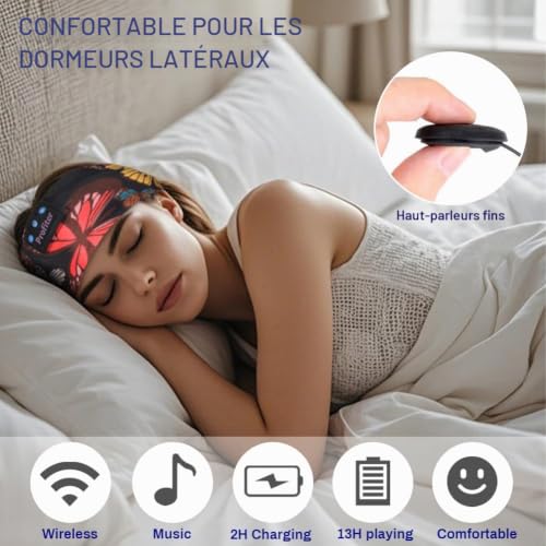 Flintronic Casque de Sommeil, Bandeau Bluetooth, Anti Bruit Sommeil Bandeau Bluetooth, pour Sport, Voyage, Dormeurs Latéraux (Noir-Papillon) – vue 4