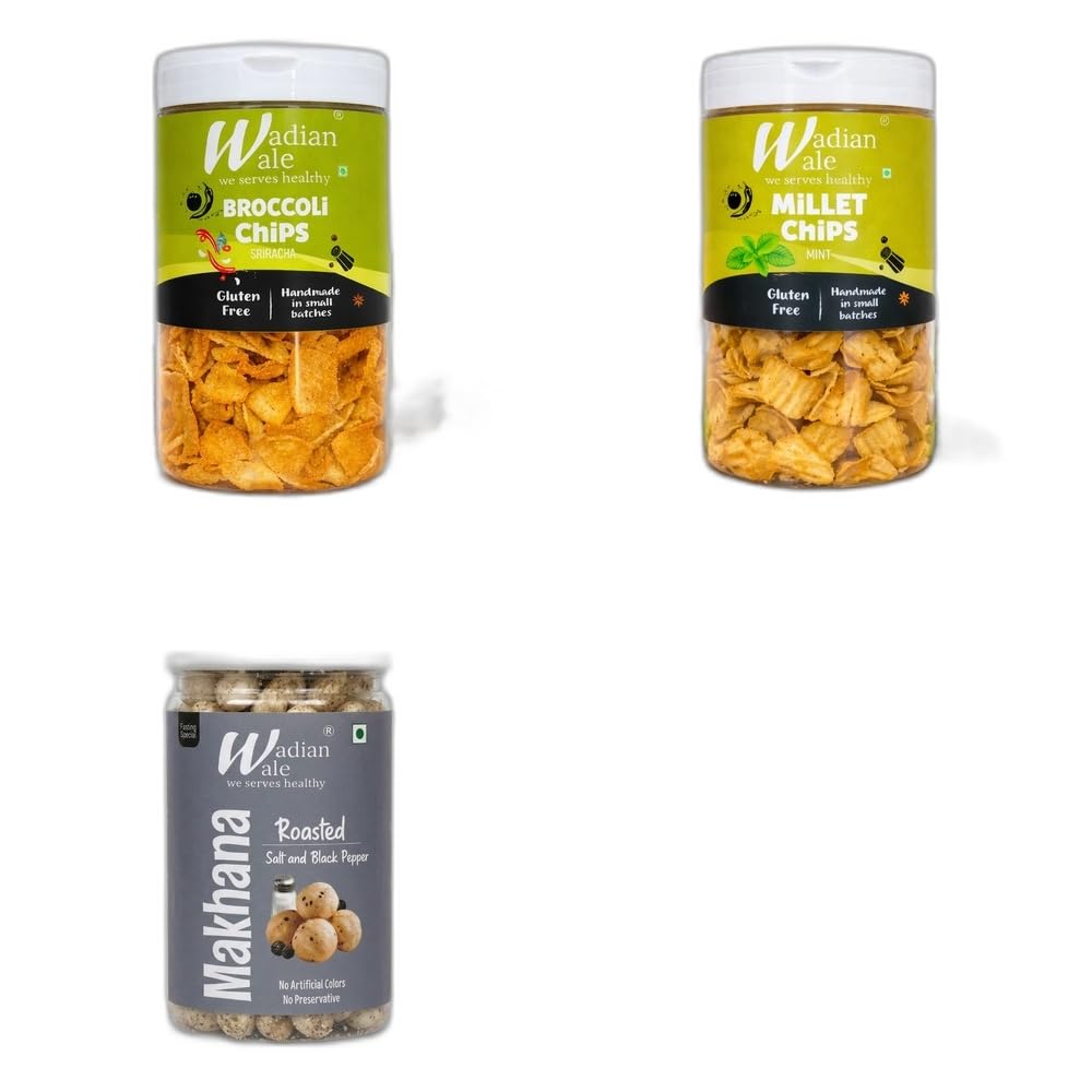 Wadianwale Healthy Diet Broccoli Sriracha Gluten Free Chips & Multimillet Mint Gluten Free Chips & Roasted Salt & Black Pepper Makhana (Pack of 3)-image-14