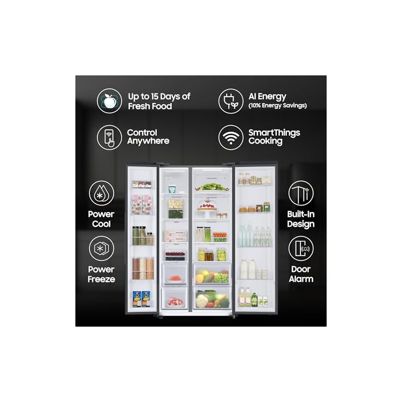 Samsung 653 L, 3 Star, Frost Free, Convertible 5-in-1 Digital Inverter, Side By Side WiFi Embedded Refrigerator (RS76CG8003B1HL, Black Matt, 2023 Model) - Image 5