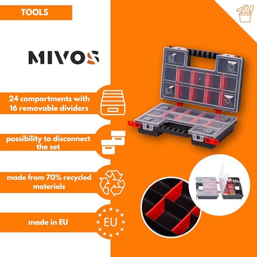 Mivos Dwustronna skrzynka asortymentowa 287x186x100mm - 2-stronna skrzynka do sortowania z 64 regulowanymi przegródkami – pudełko na śruby – Organizer na akcesoria