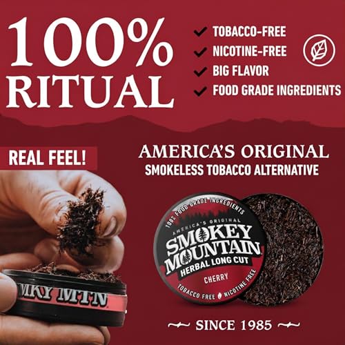 Image of Smokey Mountain Herbal Long Cut - Cherry - 10 Can Box - Tobacco Free and Nicotine Free Snuff