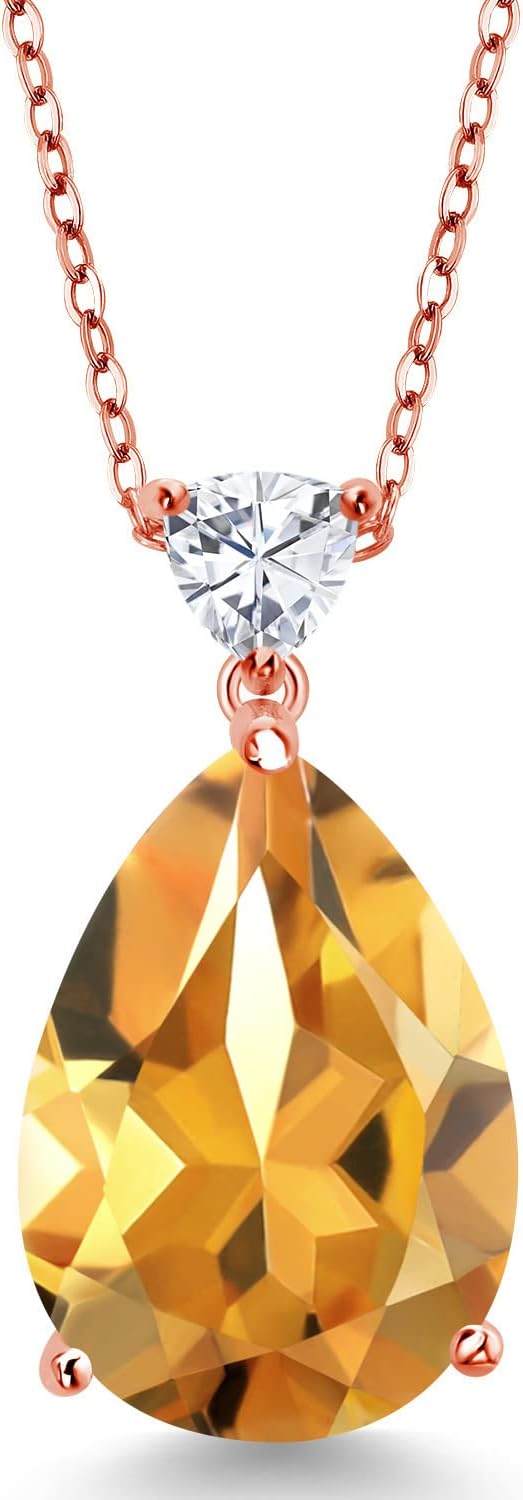 Gem Stone King 18K Rose Gold Plated Silver Gemstone Birthstone and White Moissanite Teardrop Pendant Necklace for Women | 18X13MM Pear Shape and 5MM Trillion Accent | 18-Inch Cable Chain