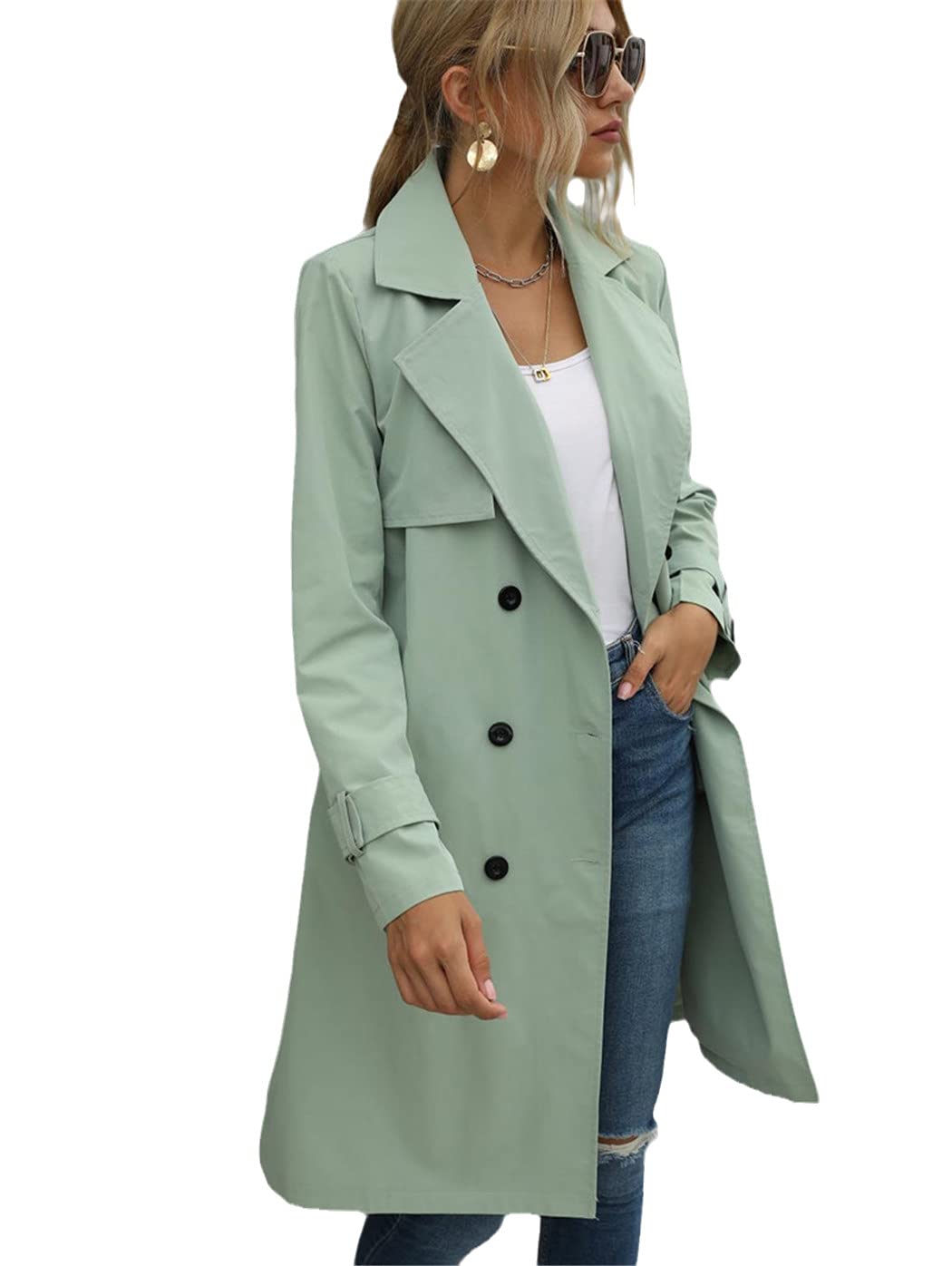 Donne Casual Tinta unita Cappotto Autunno Elagant Manica Lunga Risvolto Collo Doppio Petto Con Cintura Trench Cappotto, Verde, L