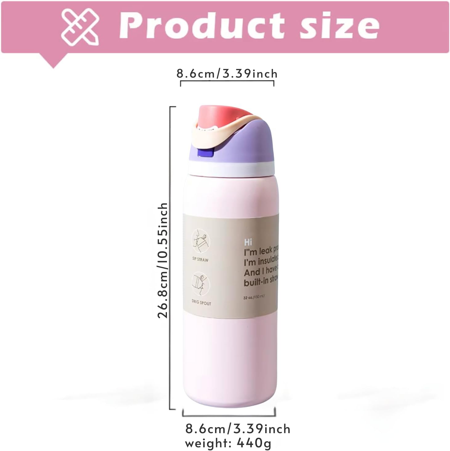 DUTHINGS Insulated Stainless Steel Water Bottle with Straw, 32 oz, Reusable Sports and Travel Bottle for School, Kids, and Outdoors - Leakproof and BPA-Free (LIGTH PINK) - Image 2