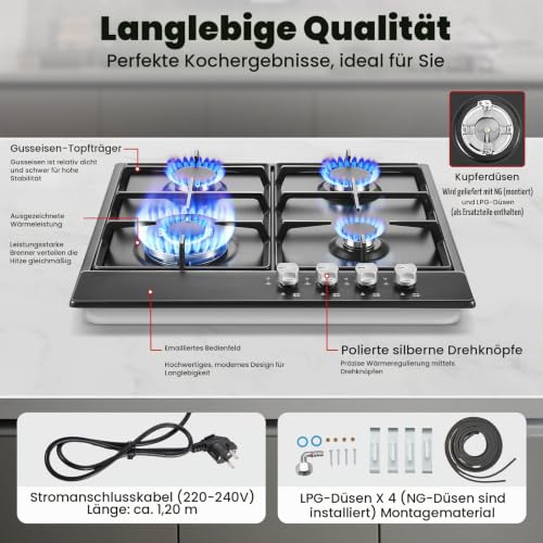 Foto von SNDOAS Gaskochfeld 4 Flammig 8060W 58cm Schwarz Erdgas/Propangas