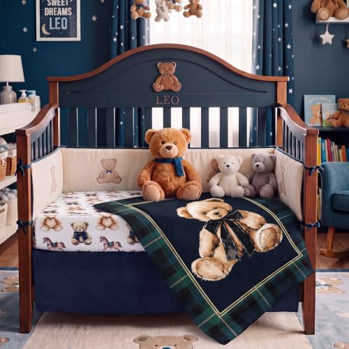 Image of Hahafelt 3 Pcs Tartan Plaids Bear Baby Crib Bedding Set Teddy Bear Plaid Theme Decor for Infant Bed Includes Quilt, Fitted Sheet, Skirt for Baby Boy Gifts