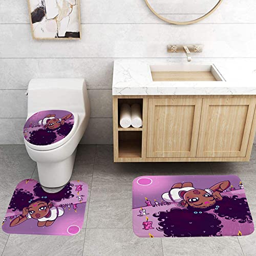 4Pcs Cute Hair Black Girl Shower Curtain Set, African American Lady Bathroom Sets With Non-Slip Rug, Toilet Lid Cover And Mat, Cool Girl With Moon And Candles Bath Decor With 12 Hooks, 72" X 72" #TOP6