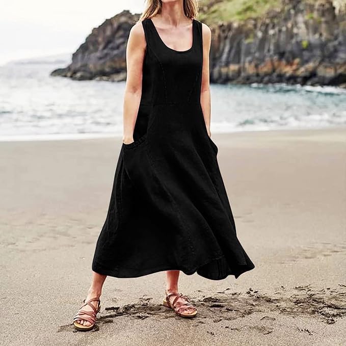 Image of Apvirdy Linen Dress for Women Summer Sleeveless Solid Casual Baggy Flowy Maxi Dresses with Pockets