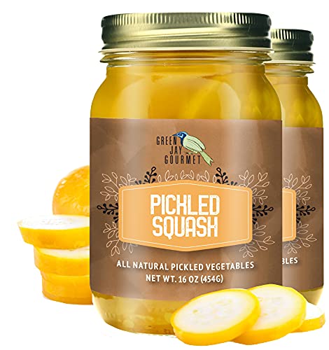 Green Jay Gourmet Pickled Squash in a Jar - Fresh Hand Jarred Vegetables for Cooking &amp; Pantry – Home Grown Pre-Prepared Pickled Squash – Simple Natural Ingredients -2 x 16 Ounce Jars