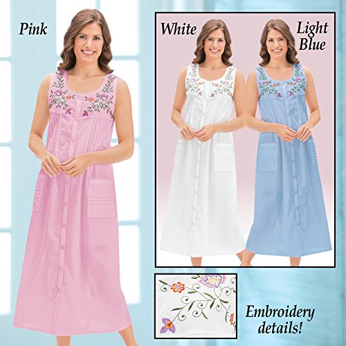 Collections Etc Women's Pintuck Floral Embroidered Night Gown, White, Large #TOP3
