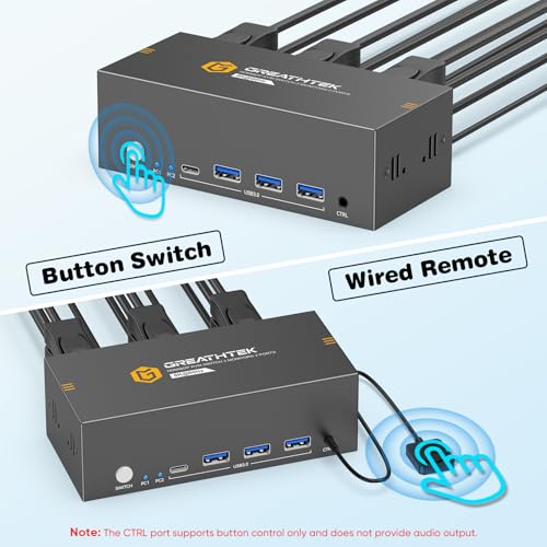Image of 8K HDMI+Displayport KVM Switch 3 Monitors 2 Computers 8K@60HZ /4K@144HZ USB3.0 KVM Switcher 2 Ports for 2 PC /Laptop Sharing Keyboard&Mouse and 2 Screens, Wired Controller Included,EDID Adapative