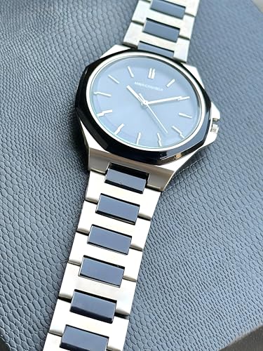 Image of AMERICANVIBER Modern Analog Watch, Silver and Black Two-Tone Stainless Steel Band, Octagonal Case, White Dial for Men