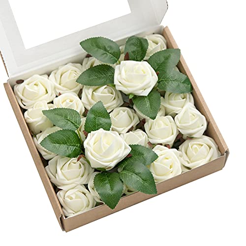 Ling's moment Artificial Wedding Flowers 1.5" Rose Buds and 2" Petite Roses 25pcs Ivory w/Stem for DIY Wedding Boutonniere Wrist Corsages Bouquets Centerpieces Arrangements