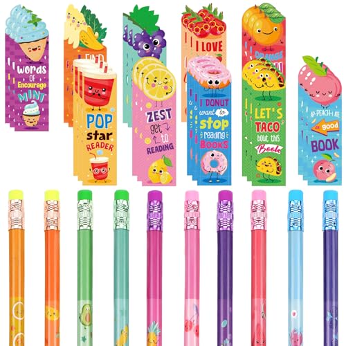 Teling 60 Pcs Inspirational Scented Pencils and Scented Bookmarks Sets Funny Smelly Pencils with Eraser Fruit Theme Bookmarks Cute Stationery Bulk for Reading Rewards Party Favors by Teling - Used condition - US$13.54