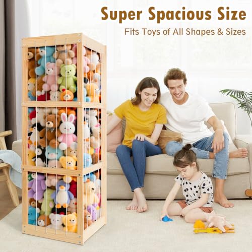 Image of Stuffed Animal Storage - Large Capacity Toy Organizers for Kids | Wooden Stuffed Animal Holder with Elastic Zoo Bars | Plushies Storage Toy Chest for Nursery, Playroom, or Bedroom
