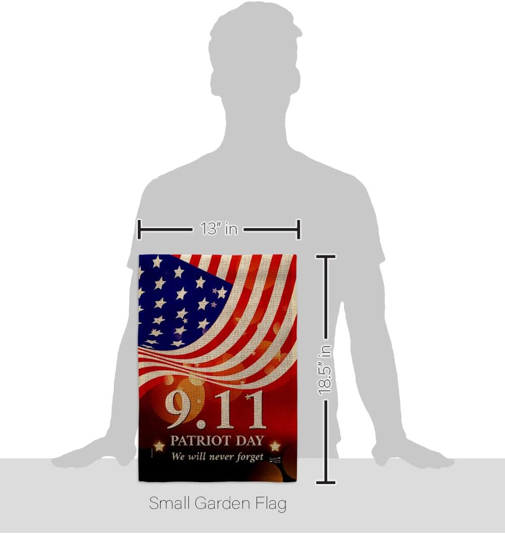 Remember 9/11 Burlap Garden Flag Set with Stand Patriot Day World Planet Peace Environment Awareness United State American House Banner Small Yard Gift Double-Sided, Made in USA