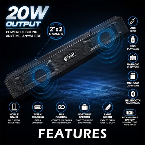 Image of Target TT-SBA-221 Wireless Bluetooth Soundbar, 20W, Black, with AUX, USB, FM Radio, MicroSD, TWS, Rechargeable Battery