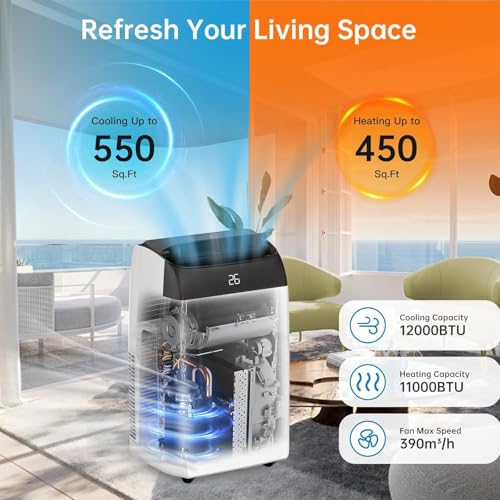 Tih 4-u-1 mobilni klima uređaj 12000 BTU | Hlađenje/Ventilacija/Odvlaživanje/Follow-Me | Za sobe do 43-51㎡ ispušno crijevo + digitalni zaslon + daljinski upravljač + 24-satni timer