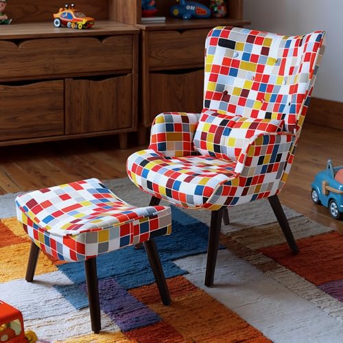 Matomn Relaxsessel mit Hocker Patchwork Sessel Holz Sessel Wohnzimmer moderner Ohrensessel mit Massivholzfüße Fernsehsessel Leinen Loungesessel Stuhl (Farbmosaik)