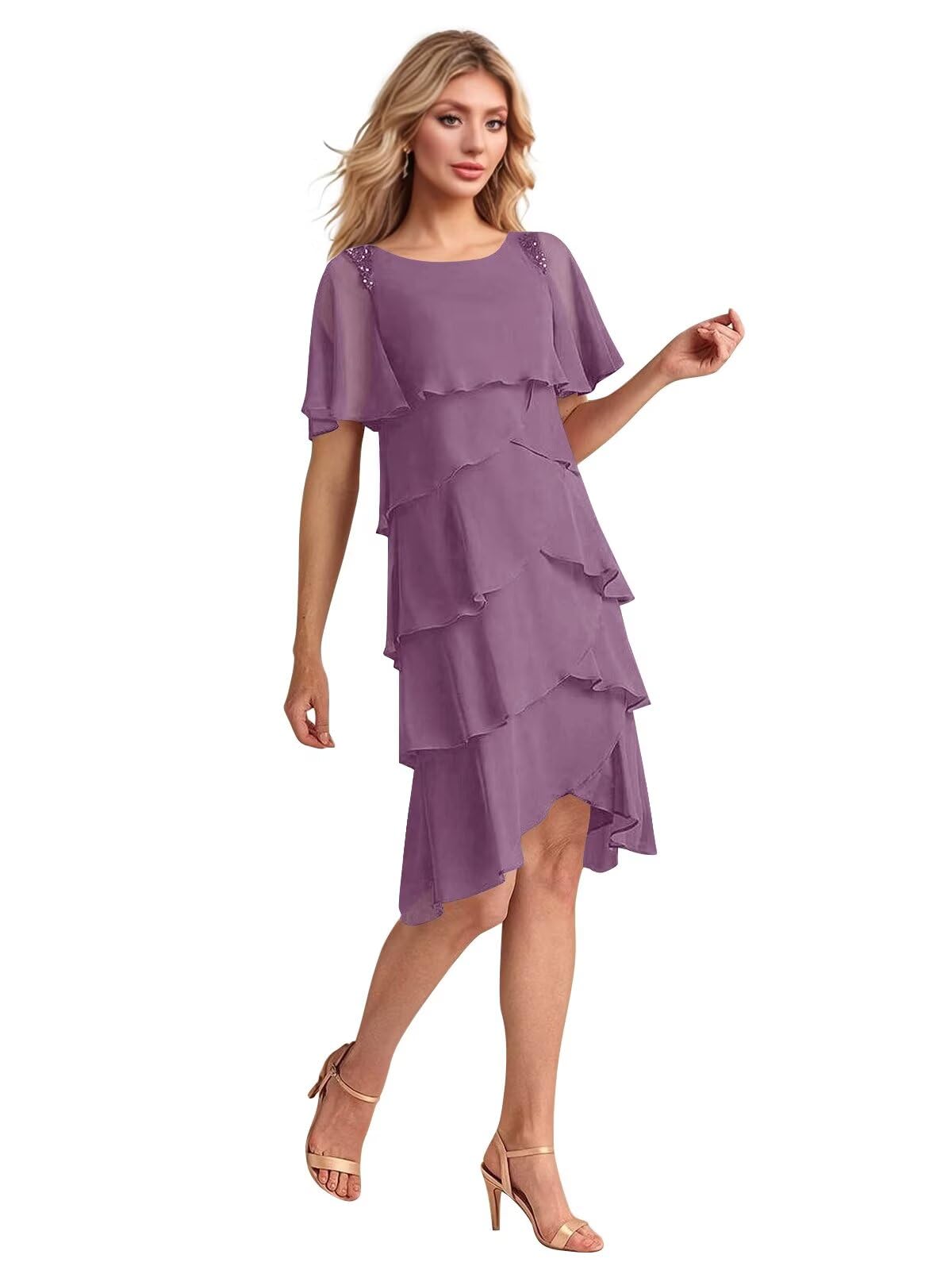 Tiered Mother of The Bride Dresses for Women Chiffon Beaded Short Formal Wedding Guest Dress