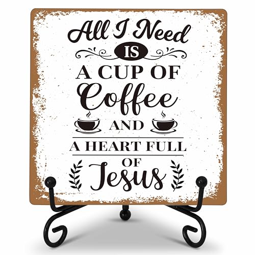 Image of Coffee Bar Decor, All I Need Is A Cup Of Coffee Christian Wooden Plaque Sign With Iron Stand, Rustic Kitchen Decoration for Farmhouse Home, Vintage Desk Sign for Cafe -64