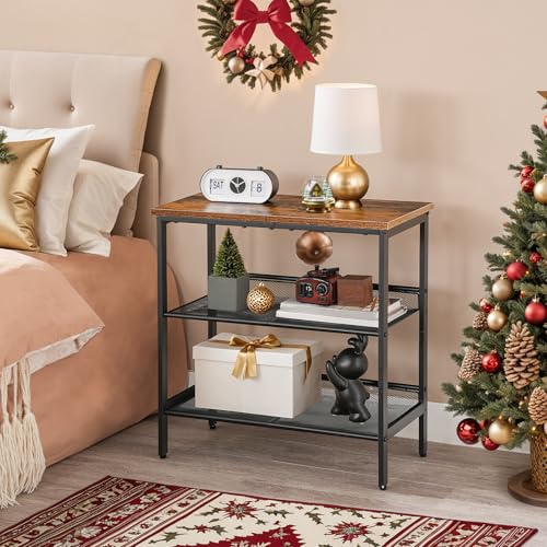Narrow 3-Tier End Table for Small Spaces, Rustic Brown and Black - Perfect for Bedroom, Living Room, and Hallway