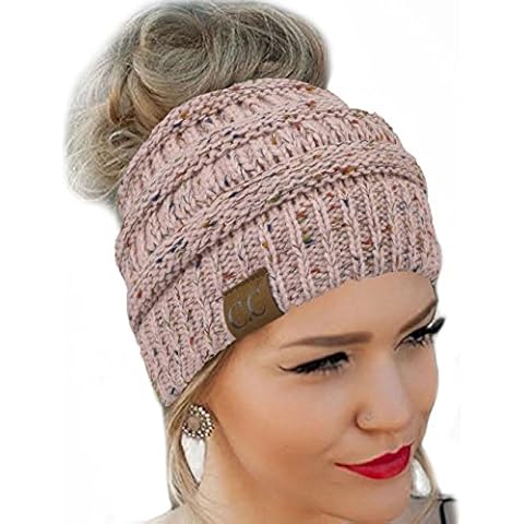 Messy Bun Hat Beanie CC Quality Knit (Pink Flecked) Cover