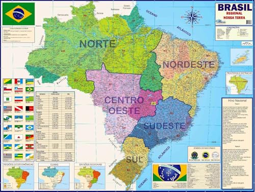MAPA/POSTER DO BRASIL REGIONAL - AS CINCO REGIÕES - GENÉRICO - DIMENSÕES: LARGURA 117 CM X ALTURA 89