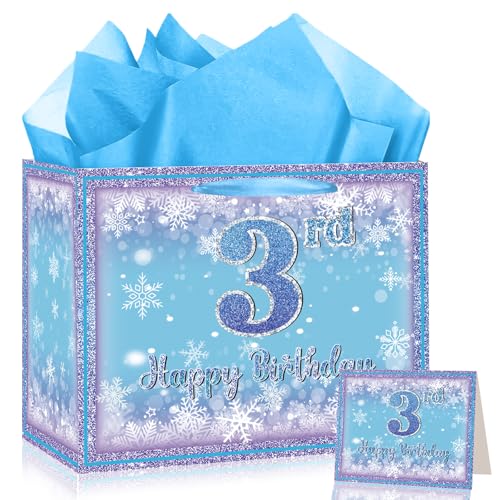 Frozen 3rd Birthday Gift Bag for Girls Large Purple Blue Snowflake Third Birthday Bags with Tissue Paper and Greeting Card Snow Frozen 3 Years Old Party Favor Bags for Girls 3rd Bday Christmas Gift