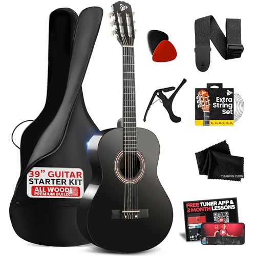 Pyle Beginner Acoustic Guitar Kit, 4/4 Full Size All Wood Build Nylon String Instrument with Capo, Strap, Extra String Set, Gig Bag, Guitars for Beginners Adults Youth, 39' Black Gloss