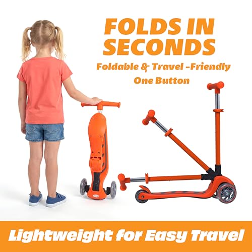 Image of SKIDEE Kick Scooter for Kids Ages 3-5 | Foldable 3 Wheel Scooter with Lean-to-Steer, Adjustable Height, Removable Seat & LED Light Wheels | Toddler Scooter Up to 12 Year Old Boys /Girls