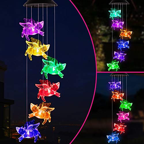 Color Changing LED Pigs Fly Wind Chimes Gift Portable Waterproof Mobile Romantic Fly Pigs Windchime, LED Solar Pig Wind Chime Lights Gift for Mom, Festival, Patio, Garden, Outdoor Decor(Black lid)