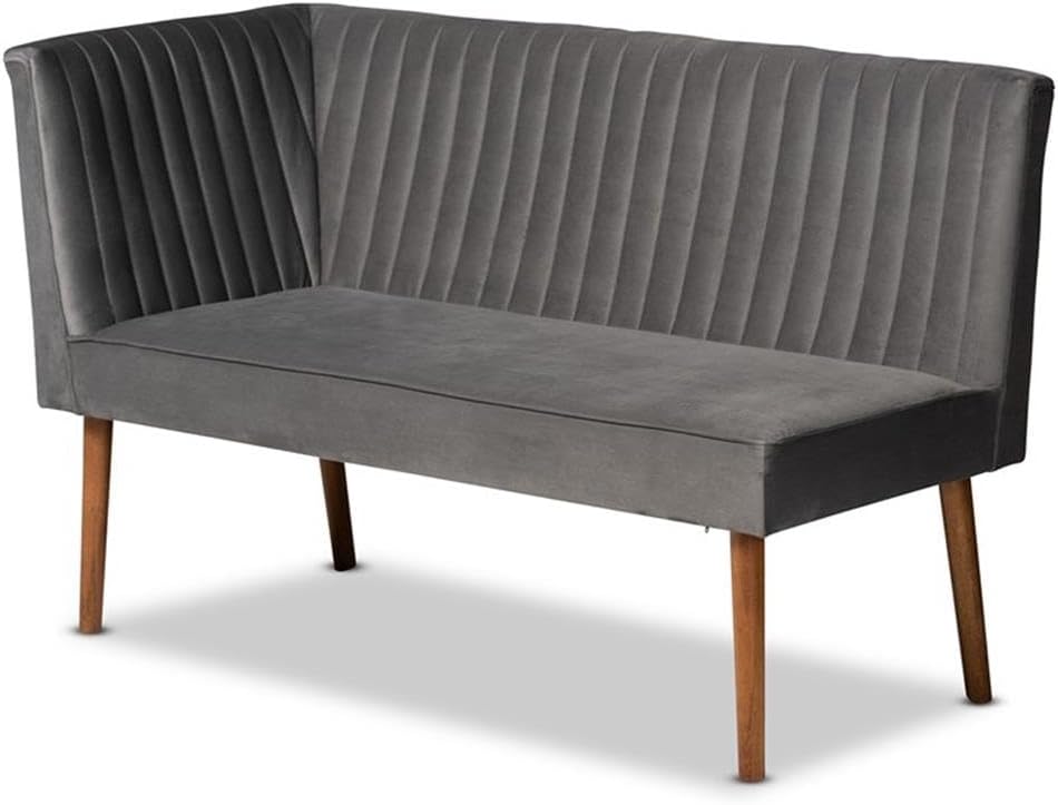 BOWERY HILL 4-Piece Dining Nook Set, Gray Velvet and Brown Wood, Includes Corner Bench, Armless Bench, Chair, Rectangular Table, Channel-Tufted Backrest, Foam Cushioned Seats, Mid-Century Style